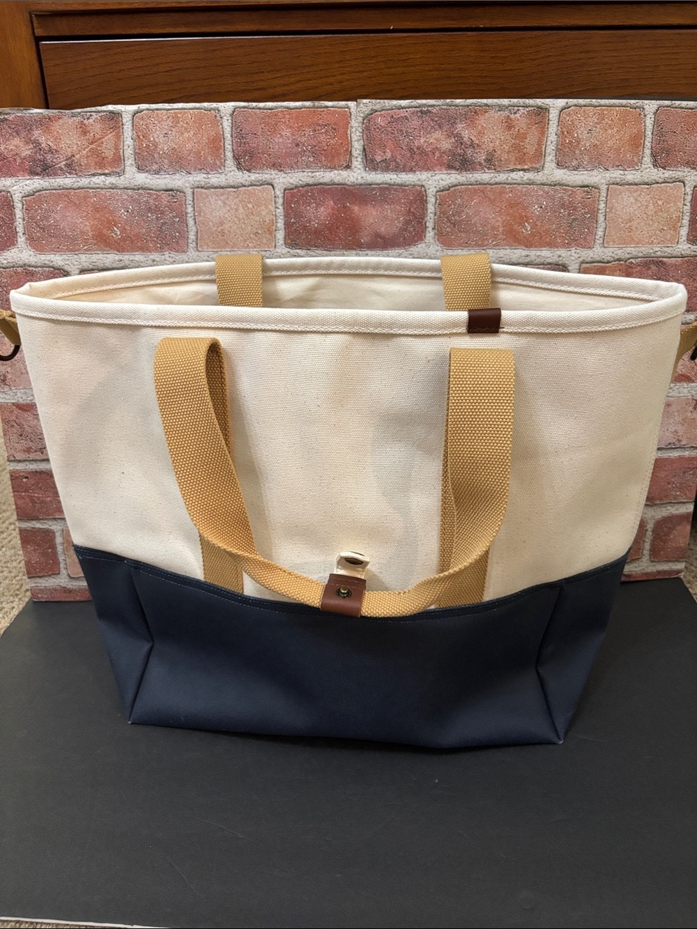 Ll Bean Canvas Tote Bag with Navy Base and Cream Body Boat Tote - Picture 5 of 7